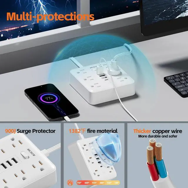 Alt view image 2 of 7 - Surge Protector Power Strip, 6 Outlets, 4 USB, 10FT Flat Plug, White | 10FT 16AWG Cord, 6AC+4USB(3 USB-A+1 USB-C), 900J Surge, UL Tested, 1875W, Wall Mount, Office15A