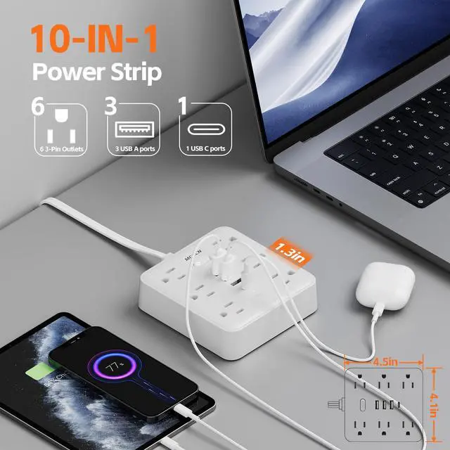 Alt view image 4 of 7 - Surge Protector Power Strip, 6 Outlets, 4 USB, 10FT Flat Plug, White | 10FT 16AWG Cord, 6AC+4USB(3 USB-A+1 USB-C), 900J Surge, UL Tested, 1875W, Wall Mount, Office15A