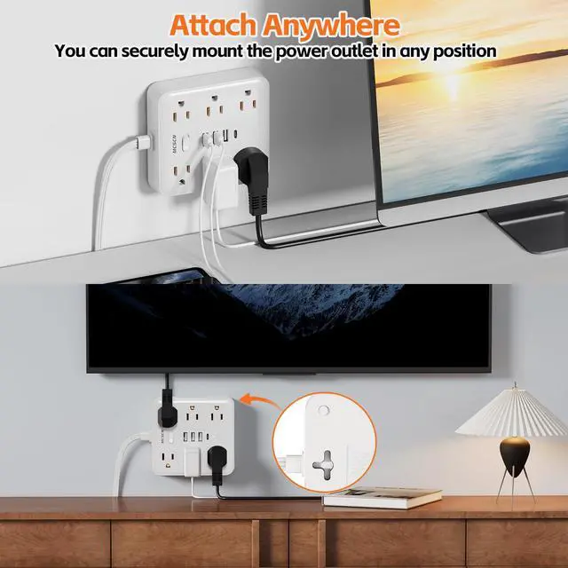 Alt view image 6 of 7 - Surge Protector Power Strip, 6 Outlets, 4 USB, 10FT Flat Plug, White | 10FT 16AWG Cord, 6AC+4USB(3 USB-A+1 USB-C), 900J Surge, UL Tested, 1875W, Wall Mount, Office15A