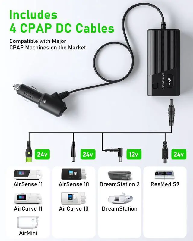 Alt view image 2 of 7 - Car Adapter for CPAP, DC 12/24V Converter CPAP Power Cord | 84W Car Charger with 4 DC CPAP Cables for ResMed S9/ AirSense 10/ AirCurve 10/ AirMini/ AirSense 11/ Philips Dreamstation etc
