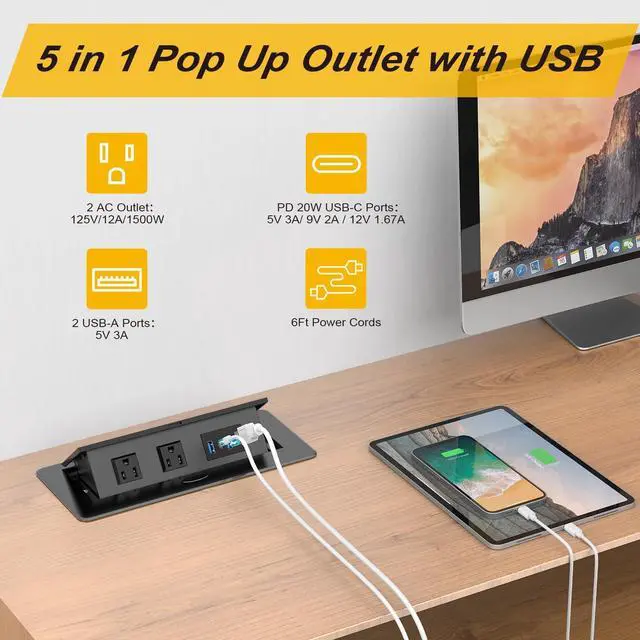 Alt view image 2 of 7 - UL Listed Recessed Power Strip, Pop Up Power Cover Box Desktop Socket with PD 20W USB C Charging Ports, Stainless Steel Receptacle Outlet for Conference Room Countertop (Black-USB C)