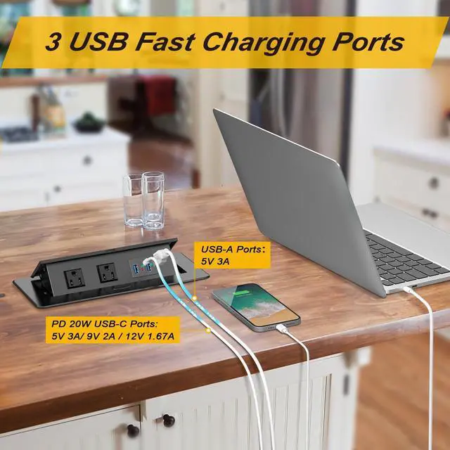 Alt view image 4 of 7 - UL Listed Recessed Power Strip, Pop Up Power Cover Box Desktop Socket with PD 20W USB C Charging Ports, Stainless Steel Receptacle Outlet for Conference Room Countertop (Black-USB C)