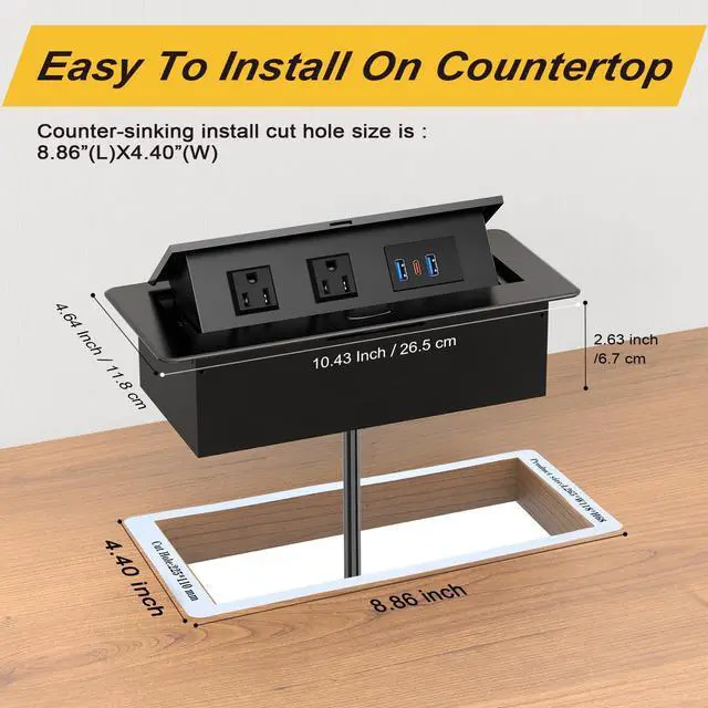 Alt view image 7 of 7 - UL Listed Recessed Power Strip, Pop Up Power Cover Box Desktop Socket with PD 20W USB C Charging Ports, Stainless Steel Receptacle Outlet for Conference Room Countertop (Black-USB C)