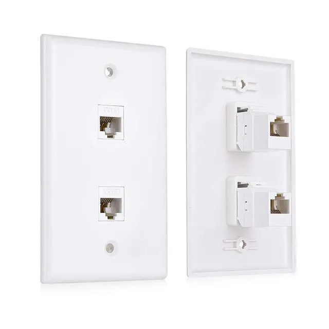Main image of 2-Pack 2-Port Ethernet Wall Plate Cat6 with White Keystone | 10Gbps, White RJ45 Keystone Jack, White Wall Plate, Cat5e Ethernet Outlet