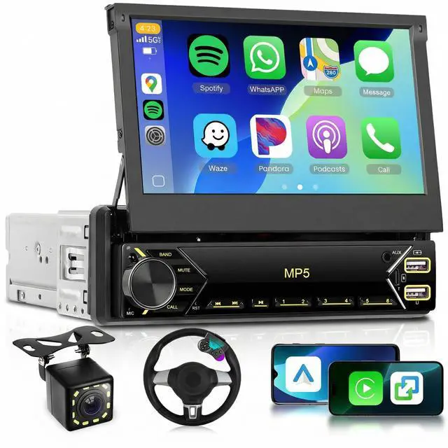 Main image of Single Din Flip Out Radio with Wireless/Wired Carplay Android Auto, 7" IPS Touchscreen Stereo Single Din Flip Out Radio with YouTube BT Mirror Link FM USB/AUX/Type-C Ports SWC Backup Camera