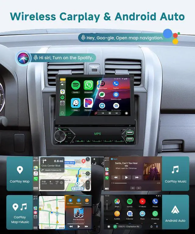 Alt view image 3 of 7 - Single Din Flip Out Radio with Wireless/Wired Carplay Android Auto, 7" IPS Touchscreen Stereo Single Din Flip Out Radio with YouTube BT Mirror Link FM USB/AUX/Type-C Ports SWC Backup Camera