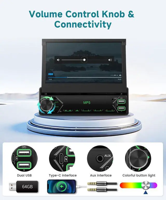 Alt view image 4 of 7 - Single Din Flip Out Radio with Wireless/Wired Carplay Android Auto, 7" IPS Touchscreen Stereo Single Din Flip Out Radio with YouTube BT Mirror Link FM USB/AUX/Type-C Ports SWC Backup Camera