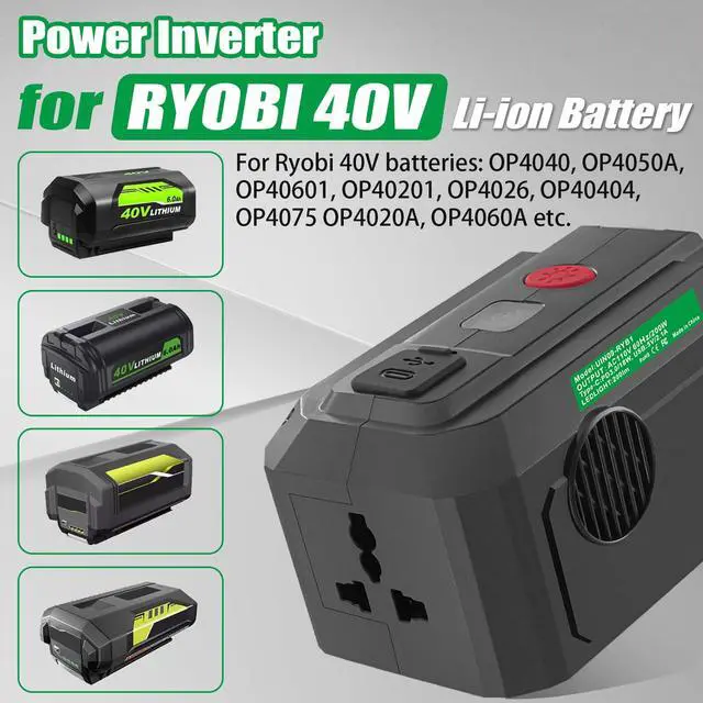 Alt view image 2 of 7 - Power Inverter for Ryobi 40V Battery,200W Power Supply Inverter DC 18V to AC 110V, with USB Port & Type C PD3.0 Output Port & LED Lighting