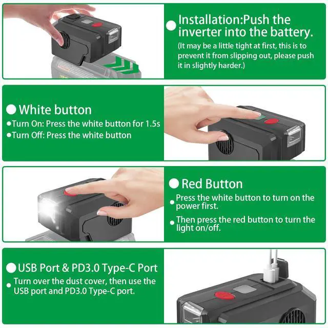 Alt view image 4 of 7 - Power Inverter for Ryobi 40V Battery,200W Power Supply Inverter DC 18V to AC 110V, with USB Port & Type C PD3.0 Output Port & LED Lighting