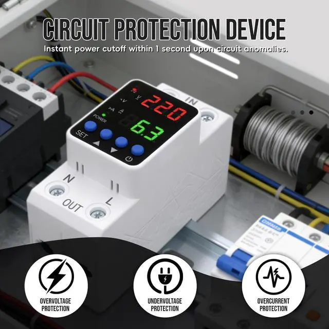 Alt view image 4 of 7 - Adjustable Voltage Protector 110V/220V, 80210V Undervoltage 130300V Overvoltage, Overcurrent Protection,163A Adjustable Smart Circuit Breaker, AC DIN Rail Voltage Stabilizer(White)