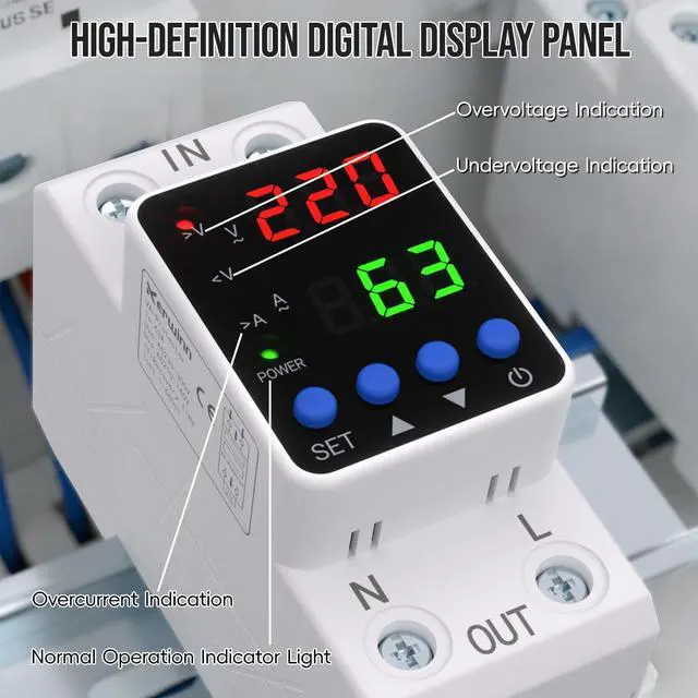 Alt view image 6 of 7 - Adjustable Voltage Protector 110V/220V, 80210V Undervoltage 130300V Overvoltage, Overcurrent Protection,163A Adjustable Smart Circuit Breaker, AC DIN Rail Voltage Stabilizer(White)