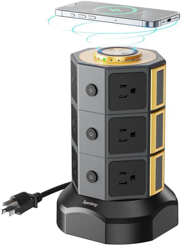 Main image of Power Strip Tower, Surge Protector Tower with 15W Wireless Charger, 1050J, 13A Charging Station with 12 AC Outlets & 6 USB Ports (2 USB C), 6.5ft Extension Cord for Home Office Dorm, Gold