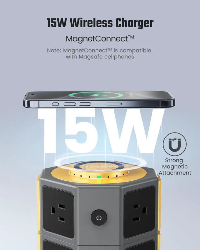 Alt view image 2 of 6 - Power Strip Tower, Surge Protector Tower with 15W Wireless Charger, 1050J, 13A Charging Station with 12 AC Outlets & 6 USB Ports (2 USB C), 6.5ft Extension Cord for Home Office Dorm, Gold