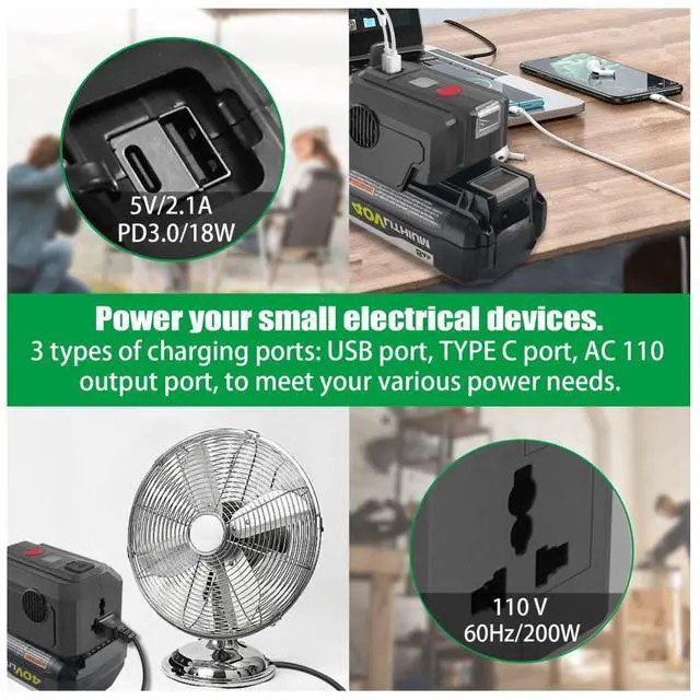 Alt view image 6 of 7 - Power Inverter for Ryobi 40V Battery,200W Power Supply Inverter DC 18V to AC 110V, with USB Port & Type C PD3.0 Output Port & LED Lighting