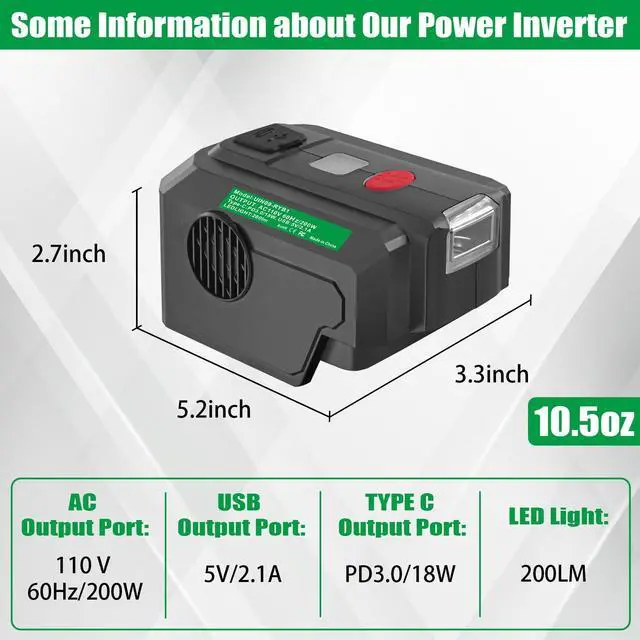 Alt view image 5 of 7 - Power Inverter for Ryobi 40V Battery,200W Power Supply Inverter DC 18V to AC 110V, with USB Port & Type C PD3.0 Output Port & LED Lighting
