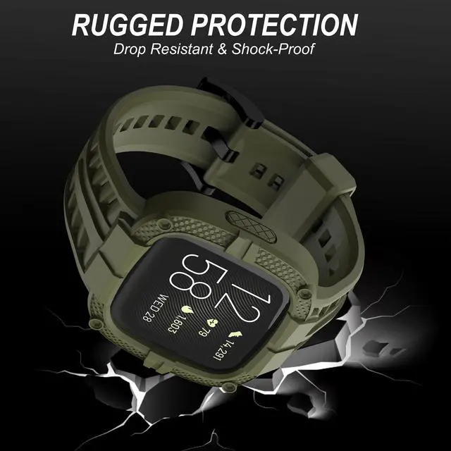 Alt view image 2 of 7 - Compatible for Fitbit Versa 2 Bands with Case, Men Protective Case Band Rugged Sport Wristbands Strap for Smartwatch - Army Green