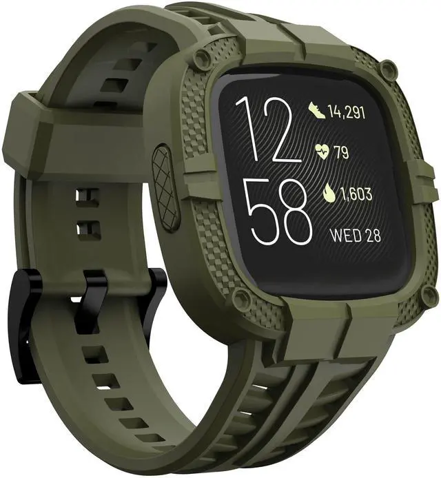 Main image of Compatible for Fitbit Versa 2 Bands with Case, Men Protective Case Band Rugged Sport Wristbands Strap for Smartwatch - Army Green