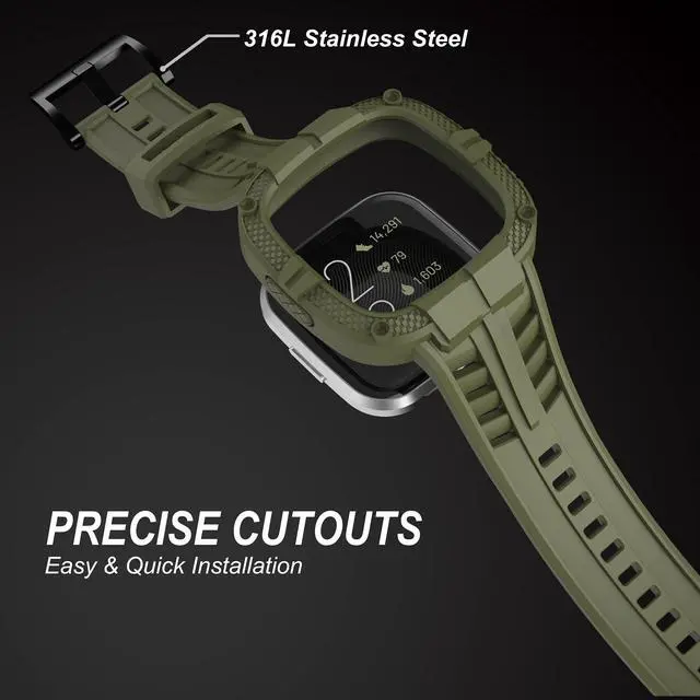 Alt view image 4 of 7 - Compatible for Fitbit Versa 2 Bands with Case, Men Protective Case Band Rugged Sport Wristbands Strap for Smartwatch - Army Green