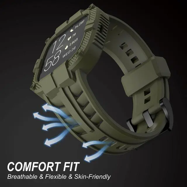 Alt view image 3 of 7 - Compatible for Fitbit Versa 2 Bands with Case, Men Protective Case Band Rugged Sport Wristbands Strap for Smartwatch - Army Green