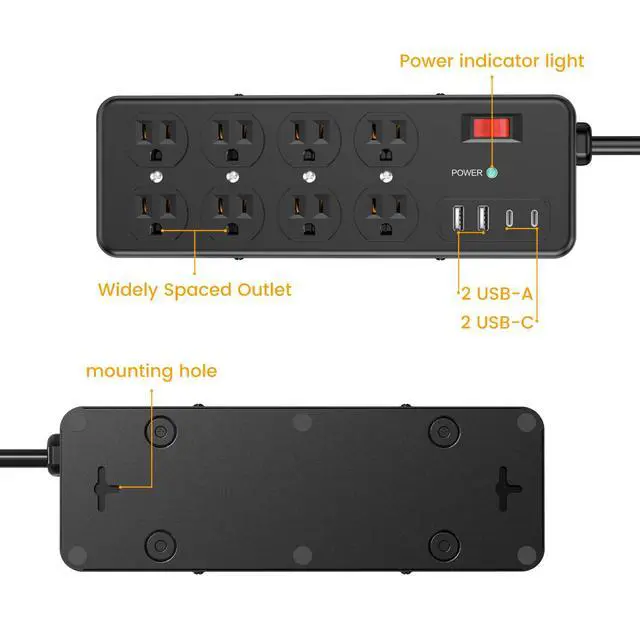 Alt view image 5 of 7 - Magnetic Heavy Duty Power Strip with 2700J Surge Protector,20W,8AC | 12 AWG 6FT Extension Cord with Multiple Outlets,1USB C,1 USB A Outlet Extender for Office,Garage Workshop,ETL Listed