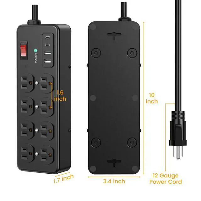 Alt view image 7 of 7 - Magnetic Heavy Duty Power Strip with 2700J Surge Protector,20W,8AC | 12 AWG 6FT Extension Cord with Multiple Outlets,1USB C,1 USB A Outlet Extender for Office,Garage Workshop,ETL Listed