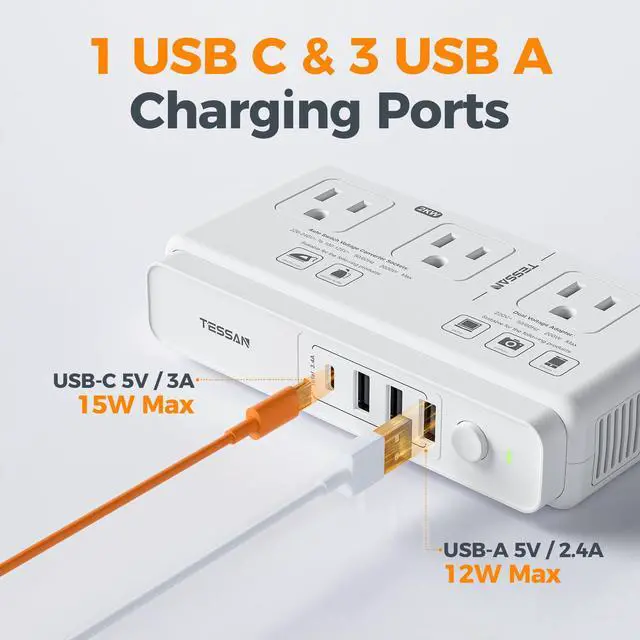 Alt view image 5 of 7 - Voltage Converter US to Europe 220 to 110, Universal Travel Adapter | 6 FT, 4 USB Ports (1 USB C), 3 AC and EU UK AU IT IN ZA Plug Power Adapter, Step Down Transformer