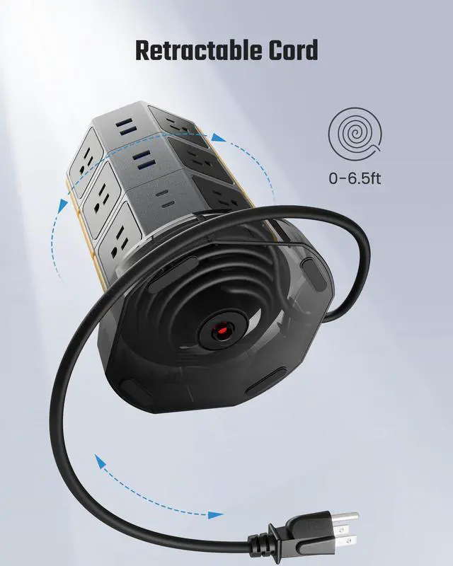 Alt view image 5 of 6 - Power Strip Tower, Surge Protector Tower with 15W Wireless Charger, 1050J, 13A Charging Station with 12 AC Outlets & 6 USB Ports (2 USB C), 6.5ft Extension Cord for Home Office Dorm, Gold