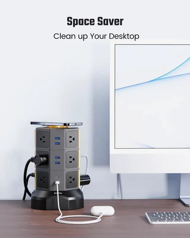 Alt view image 6 of 6 - Power Strip Tower, Surge Protector Tower with 15W Wireless Charger, 1050J, 13A Charging Station with 12 AC Outlets & 6 USB Ports (2 USB C), 6.5ft Extension Cord for Home Office Dorm, Gold