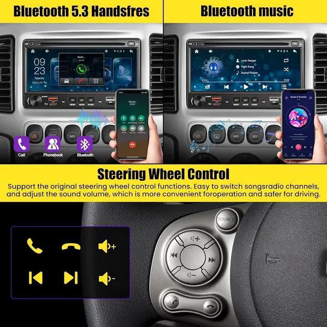 Alt view image 3 of 7 - Wireless Double Din Car Stereo Radio with CD/DVD Player, Carplay & Android Auto, 7 inch Car Audio with HD Touchscreen, Bluetooth, Mirror Link, Backup Camera, SWC, FM/AM, USB/SD, A/V Input