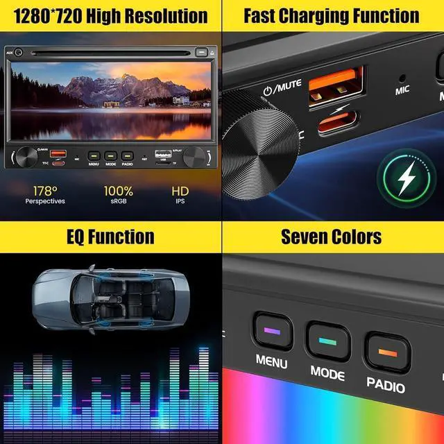 Alt view image 7 of 7 - Wireless Double Din Car Stereo Radio with CD/DVD Player, Carplay & Android Auto, 7 inch Car Audio with HD Touchscreen, Bluetooth, Mirror Link, Backup Camera, SWC, FM/AM, USB/SD, A/V Input