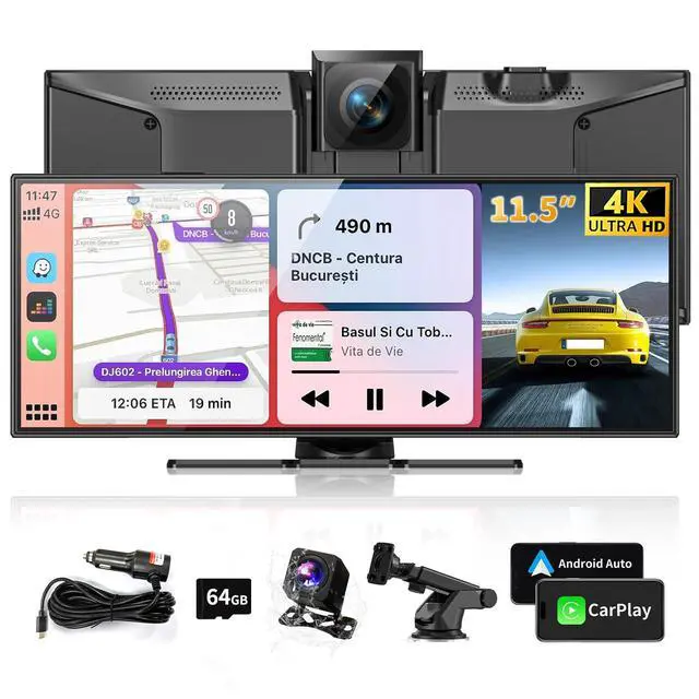 Main image of Largest 11.5" Portable Carplay Screen for Car, 4K Wireless Car Play & Android Auto, Upgrade Touchscreen with Dash Cam, App Control/Loop Recording/Backup Camera/Mirror Link/GPS/FM for All Vehicles