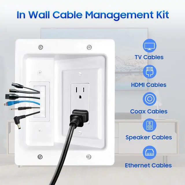 Alt view image 2 of 5 - Recessed Outlet Box in Wall Cable Management Kit, Hide Cables Behind The Wall, Cable Pass Through Wall Plate Insert for TV HDMI Network Ethernet Home Theater Speaker Systems (White 6.2 * 7.9 inch)