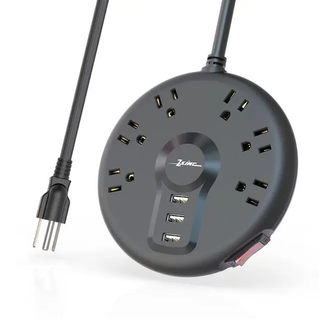 Main image of Power Strip, 6 Outlets and 3 USB Ports 6.5FT Long Extension Cord, Circle Socket Overload, 100% Copper Core, Flat Plug Charging Station Compact for Office, Home, Travel (Black)