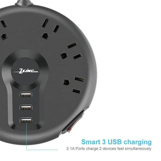 Alt view image 6 of 7 - Power Strip, 6 Outlets and 3 USB Ports 6.5FT Long Extension Cord, Circle Socket Overload, 100% Copper Core, Flat Plug Charging Station Compact for Office, Home, Travel (Black)
