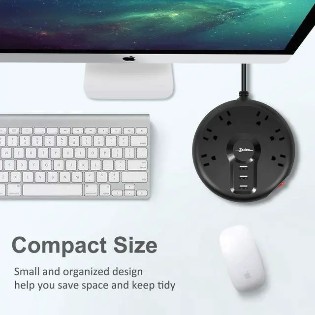 Alt view image 5 of 7 - Power Strip, 6 Outlets and 3 USB Ports 6.5FT Long Extension Cord, Circle Socket Overload, 100% Copper Core, Flat Plug Charging Station Compact for Office, Home, Travel (Black)