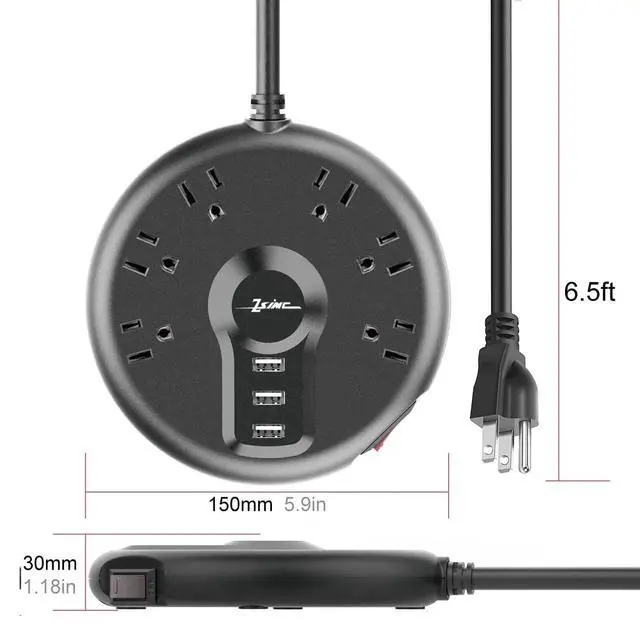 Alt view image 2 of 7 - Power Strip, 6 Outlets and 3 USB Ports 6.5FT Long Extension Cord, Circle Socket Overload, 100% Copper Core, Flat Plug Charging Station Compact for Office, Home, Travel (Black)
