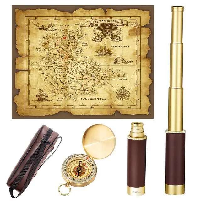 Main image of Retro Pirate Telescope Zoomable with Treasure Map 25x30 Spyglass Portable Collapsible Handheld Telescope Vintage Monocular for Kids & Survival Gear Compass Pocket Military Compass