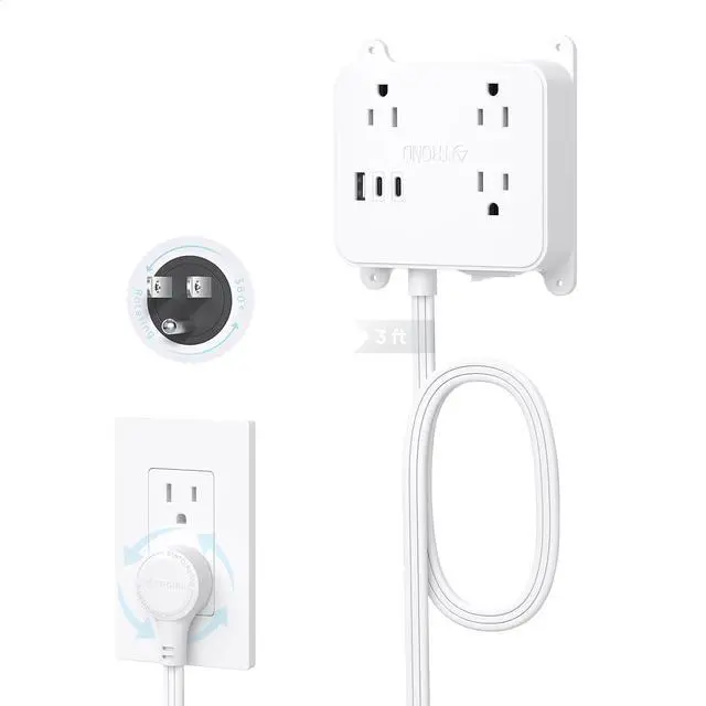 Main image of 360 Rotating Plug Flat Power Strip, 3FT Short Extension Cord with USB | 2 USB C and 1 USB A, 3 AC Widely Spaced Outlets with On Off Switch, Wall Mountable, Use Behind Couches, Nightstands, Desks