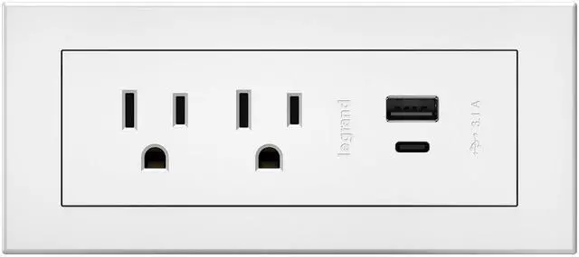 Main image of Legrand radiant Furniture Power Strip 2 Outlet USB A/C White 6 Ft Cord | Commercial Rated, Utlra Durable, Child Safe Tamper Resistant, Easy Installation, Screwless Bezel, Low Profile