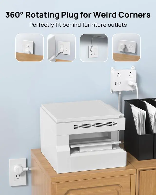 Alt view image 2 of 7 - 360 Rotating Plug Flat Power Strip, 3FT Short Extension Cord with USB | 2 USB C and 1 USB A, 3 AC Widely Spaced Outlets with On Off Switch, Wall Mountable, Use Behind Couches, Nightstands, Desks