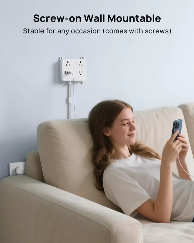 Alt view image 4 of 7 - 360 Rotating Plug Flat Power Strip, 3FT Short Extension Cord with USB | 2 USB C and 1 USB A, 3 AC Widely Spaced Outlets with On Off Switch, Wall Mountable, Use Behind Couches, Nightstands, Desks