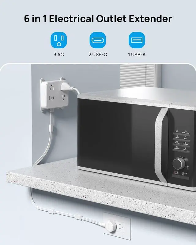 Alt view image 3 of 7 - 360 Rotating Plug Flat Power Strip, 3FT Short Extension Cord with USB | 2 USB C and 1 USB A, 3 AC Widely Spaced Outlets with On Off Switch, Wall Mountable, Use Behind Couches, Nightstands, Desks