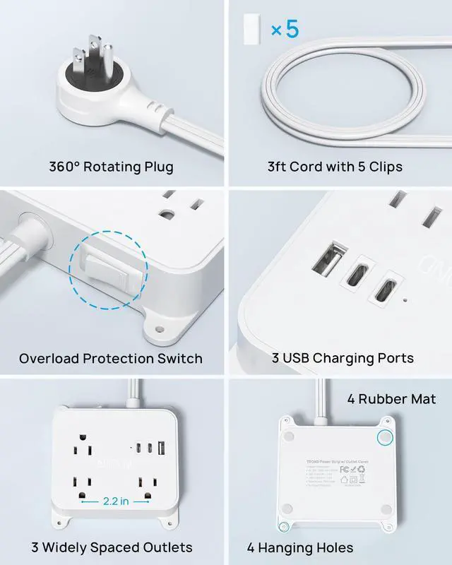 Alt view image 5 of 7 - 360 Rotating Plug Flat Power Strip, 3FT Short Extension Cord with USB | 2 USB C and 1 USB A, 3 AC Widely Spaced Outlets with On Off Switch, Wall Mountable, Use Behind Couches, Nightstands, Desks