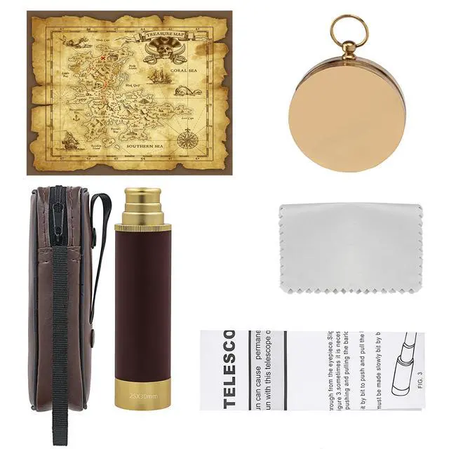 Alt view image 7 of 7 - Retro Pirate Telescope Zoomable with Treasure Map 25x30 Spyglass Portable Collapsible Handheld Telescope Vintage Monocular for Kids & Survival Gear Compass Pocket Military Compass