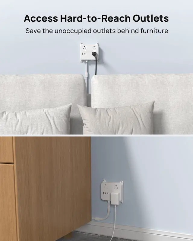 Alt view image 6 of 7 - 360 Rotating Plug Flat Power Strip, 3FT Short Extension Cord with USB | 2 USB C and 1 USB A, 3 AC Widely Spaced Outlets with On Off Switch, Wall Mountable, Use Behind Couches, Nightstands, Desks