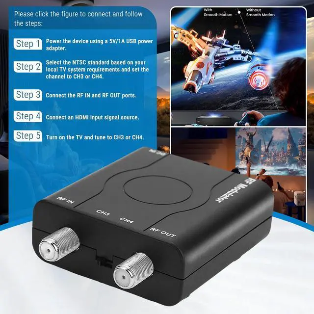 Alt view image 5 of 7 - HDM61 HDMI to RF Modulator VHF NTSC 1080P Converter for TV Game Console | NTSC CH3/CH4 Output, Durable ABS, CATV, HDMI 1.4, Up to 1080P, PLL VHF Control Plug & Play for PC, Game Console, TV