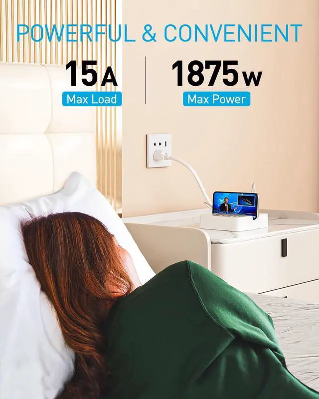 Alt view image 2 of 7 - Remote Control Power Strip with 3 RF Controlled Outlets Surge Protector Power Strip with 3 USB Ports, Phone Holder, 15A/1875W 4ft Cord Remote Control Outlet Plug for Home Office
