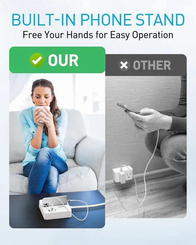 Alt view image 3 of 7 - Remote Control Power Strip with 3 RF Controlled Outlets Surge Protector Power Strip with 3 USB Ports, Phone Holder, 15A/1875W 4ft Cord Remote Control Outlet Plug for Home Office