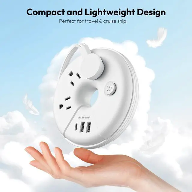 Alt view image 2 of 7 - Travel Power Strip with USB Ports, Cruise Approved Power Strip with 3 Outlet 3 USB(1 USB C), 5 ft Extension Cord, Compact for Indoor Home Office Dorm Room Cruise Essentials, White