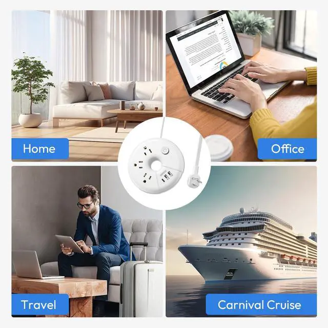 Alt view image 5 of 7 - Travel Power Strip with USB Ports, Cruise Approved Power Strip with 3 Outlet 3 USB(1 USB C), 5 ft Extension Cord, Compact for Indoor Home Office Dorm Room Cruise Essentials, White
